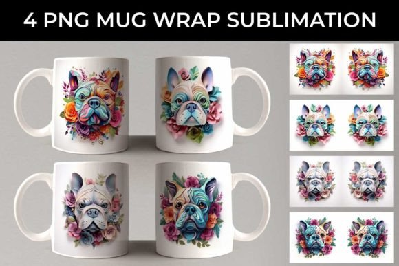 3D Floral Fantasy Bulldog Mug Wrap PNG