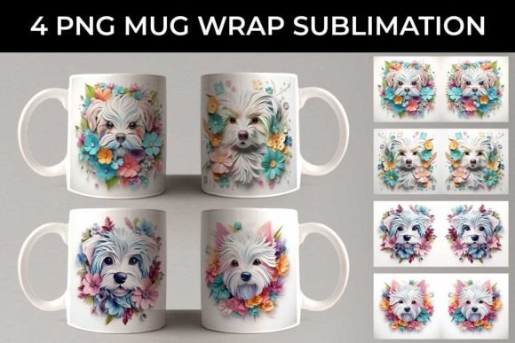 3D Floral Fantasy Maltese Mug Wrap PNG
