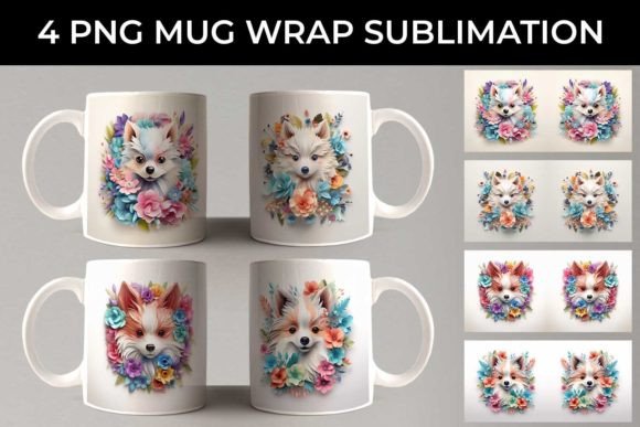 3D Floral Fantasy Pomeranian Mug Wrap