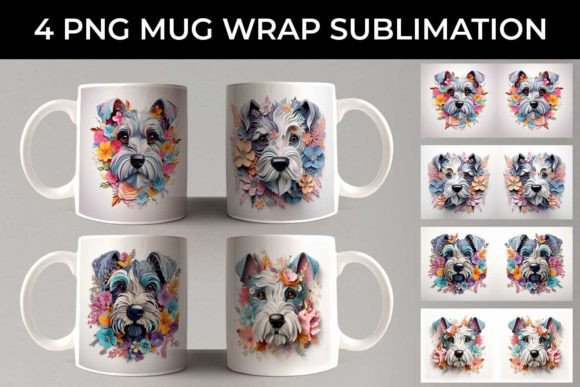 3D Floral Fantasy Schnauzer Mug Wrap PNG: A Whimsical Way to Elevate Your Drinkware