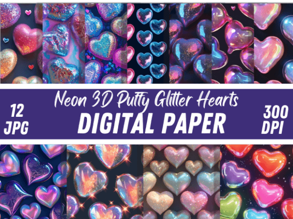 Neon 3D Puffy Glitter Hearts Patterns: A Versatile Digital Design for Creative Projects