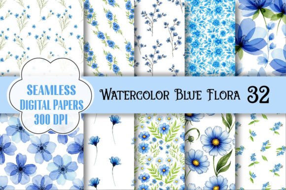 Watercolor Blue Floral Scrapbook Papers